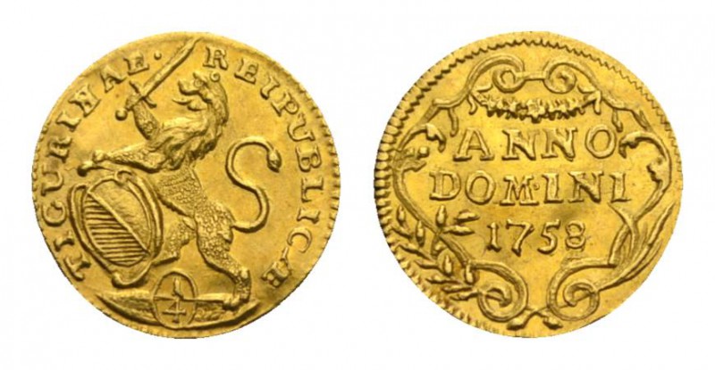 Schweiz / Switzerland /Suisse Zürich 1/4 Dukat 1758 . 0,85 g. D./T. 416 v; Fb. 4...