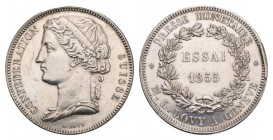 Schweiz / Switzerland /Suisse Schweiz, Eidgenossenschaft. AR Essai des 5 Franken 1855 (38 mm, 25.19 g). Von Marc Louis Bovy. Av. CONFEDERATION SUISSE,...