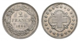 Schweiz / Switzerland /Suisse Schweiz 2 Franken 1860. Probe (Essai) in Silber, von A. Bovy, 9,99 g. Mit geriffeltem Rand. Divo (Proben) 8. R Vorzüglic...