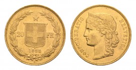 Schweiz / Switzerland /Suisse Schweiz 20 Franken 1888. Helvetiakopf mit Diadem nach links. Rv. Schweizer Wappenschild zwischen der geteilten Wertangab...