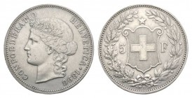 Schweiz / Switzerland /Suisse Schweiz Eidgenossenschaft / Confederation 5 Franken 1896. Kopf der Helvetia mit Alpenrosendiadem nach links. Rv. Geteilt...