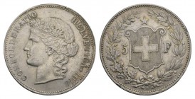 Schweiz / Switzerland /Suisse Schweiz, Eidgenossenschaft. AR 5 Franken (37.5 mm, 24.94 g) 1916, Bern. Av. Wappen zwischen 5 - F im Kranz, darüber Ster...