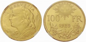 Schweiz / Switzerland /Suisse Schweiz 100 Franken 1925 B, Bern. HELVETIA. Frauenbüste mit geflochtenem Haar nach links vor Bergkulisse, links Künstler...