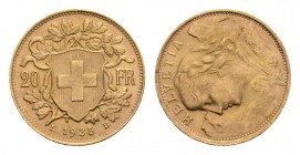 Schweiz / Switzerland /Suisse Schweiz 20 Franken 1935 Vreneli Abart, Gold 6.45g selten, 90 Grad verschoben vorzüglich bis unzirkuliert