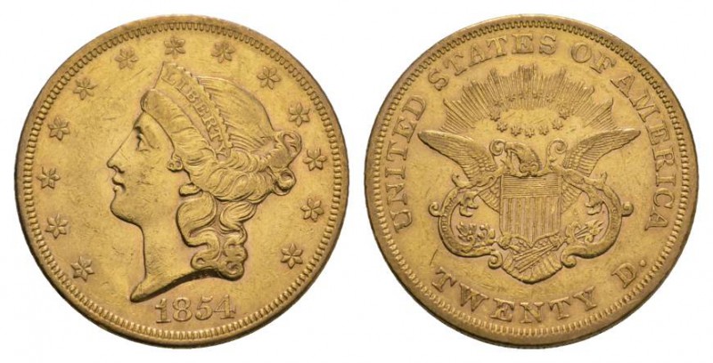 USA Föderation 20 Dollars 1854, Philadelphia. Liberty. Large Date. 30,09 g Feing...