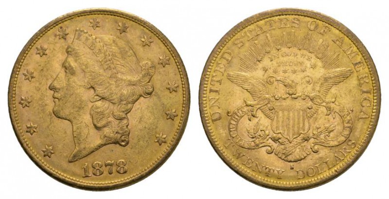 USA 20 Dollars 1878 S, San Francisco Eagle with motto, Liberty Head with coronet...