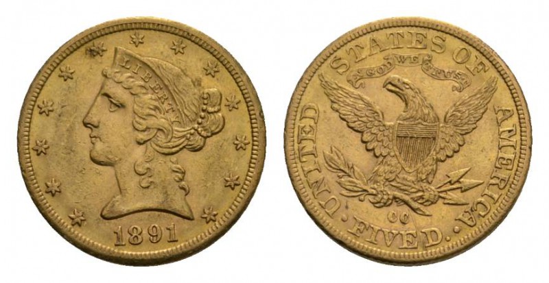 USA 5 Dollars 1891 CC, Carson City. Fr. 146. 8.37 g. Gold. Scarce. Good extremel...