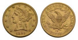 USA 5 Dollars 1891 CC, Carson City. Fr. 146. 8.37 g. Gold. Scarce. Good extremely fine vorzüglich