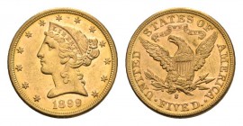USA 5 Dollars 1899, Philadelphia. Fr. 143. 8.20 g. Gold. Small scratch on reverse, almost about uncirculated