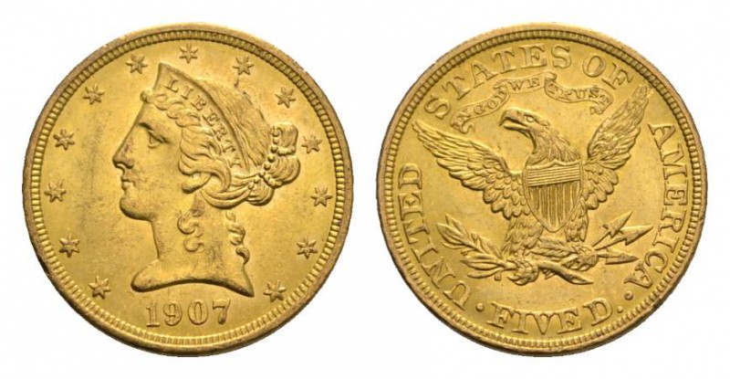 USA 5 Dollars 1907 D, Denver. Fr. 147. 8.20 g. Gold. Almost uncirculatedselten i...