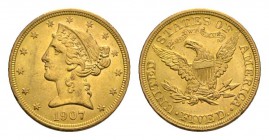 USA 5 Dollars 1907 D, Denver. Fr. 147. 8.20 g. Gold. Almost uncirculatedselten in dieser Erhaltung fast unzirkuliert