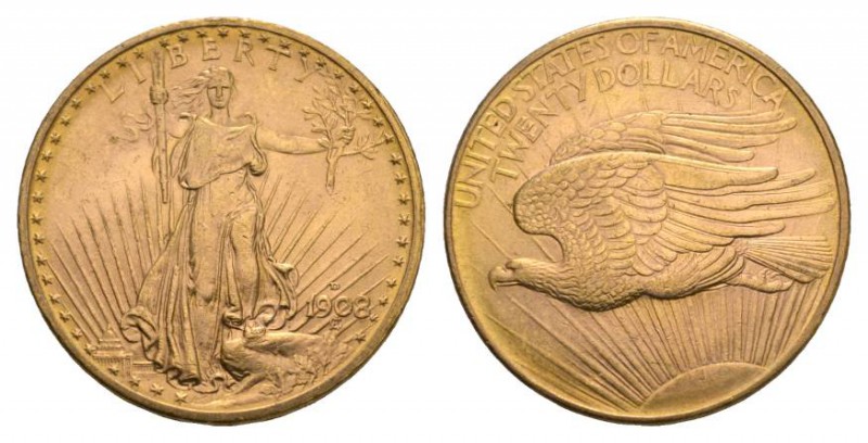 USA 20 Dollars 1908 D, Denver. No motto. 33.43 g. K./M. 127. Fr. 184, GOLD. Extr...