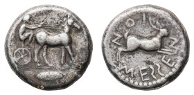 Messana - Tetradrachm 378-376 BC - Obverse: Charioteer, holding kentron in left hand and reins in both, driving slow biga of mules right; laurel leaf ...