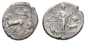 Selinos - Tetradrachm 430-420 BC - Obverse: Apollo and Artemis in slow quadriga left, Artemis, wearing long chiton, holding the reins, Apollo shooting...