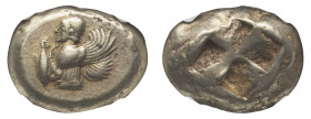 Cyzicus - EL Stater circa 550-500 BC NGC Ch VF Strike 5/5 Surface 4/5 - Obverse: Half-length bust of a winged female deity to left, holding a tunny fi...