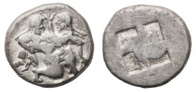 Thasos - Stater circa 500-480 BC - Obverse: Nude ithyphallic satyr, with long beard and long hair, moving right in 'running-kneeling' position, holdin...