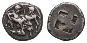 Thasos - Stater circa 500-480 BC - Obverse: Nude ithyphallic satyr, with long beard and long hair, moving right in 'running-kneeling' position, holdin...