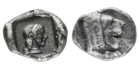 Knidos - Drachm circa 449-411 BC - Obverse: Forepart of lion to right, with open jaws and outstretched right paw - Reverse: Diademed head of Aphrodite...