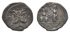 M. Furius L.f. Philus - Denarius 119 BC - Mint: Rome - Obverse: Laureate head of Janus - Reverse: Roma standing left, wearing Corinthian helmet and ho...
