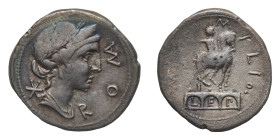 Man. Aemilius Lepidus - Denarius 114-113 BC - Mint: Rome - Obverse: Laureate, diademed, and draped bust of Roma right; mark of value to left - Reverse...