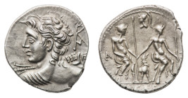 Lucius Caesius - Denarius 112-111 BC - Mint: Rome - Obverse: Youthful, draped bust of Vejovis left, hurling thunderbolt; monogram to right - Reverse: ...