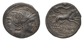 L. Flaminius Chilo - Denarius 109-108 BC - Mint: Rome - Obverse: Helmeted head of Roma right; X below chin - Reverse: Victory, holding wreath, driving...