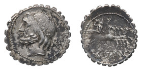 L. Scipio Asiagenus - Serrate Denarius 106 BC - Mint: Rome - Obverse: laureate head of Jupiter left - Reverse: Jupiter driving quadriga right, holding...