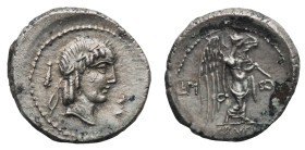 L. Calpurnius Piso Frugi - Quinarius 90 BC - Mint: Rome - Obverse: Laureate head of Apollo right; knife to left - Reverse: Victory advancing right, ho...