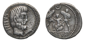 L. Titurius L.f. Sabinus - Denarius 89 BC - Mint: Rome - Obverse: Bearded head right of the Sabine king, Tatius; palm frond below chin - Reverse: Tarp...