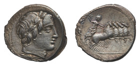 Gargilius, Ogulnius, and Vergilius - Denarius 86 BC - Mint: Rome - Obverse: Laureate head of Apollo right; thunderbolt below - Reverse: Jupiter, hurli...