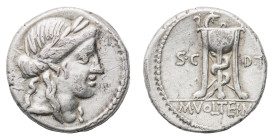 M. Volteius M.f - Denarius 78 BC - Mint: Rome - Obverse: Laureate head of Apollo right - Reverse: Tripod with serpent coiled around central leg - gr. ...