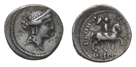 M. Aemilius Lepidus - Denarius 61 BC - Mint: Rome - Obverse: Diademed female head right - Reverse: Horseman right, carrying trophy over shoulder - gr....
