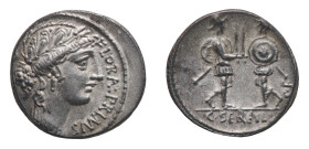 C. Servilius C.f. - Denarius 57 BC - Mint: Rome - Obverse: Wreathed head of Flora right; in left field, lituus - Reverse: Two soldiers facing each oth...