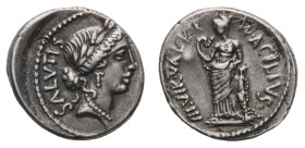 Mn. Acilius Glabrio - Denarius 49 BC - Mint: Rome - Obverse: Laureate head of Salus right - Reverse: Valetudo standing left, resting left arm on colum...
