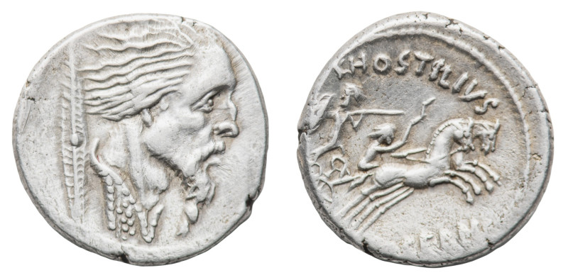 L. Hostilius Saserna - Denarius 48 BC - Mint: Rome - Obverse: Draped male bust (...