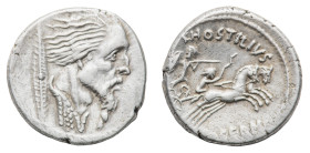L. Hostilius Saserna - Denarius 48 BC - Mint: Rome - Obverse: Draped male bust (Vercingetorix?) with wild hair and long plaited beard to right; cloak ...