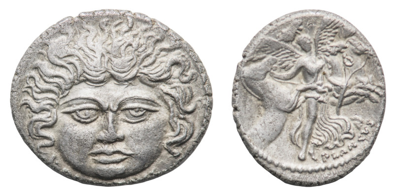 L. Plautius Plancus - Denarius 47 BC - Mint: Rome - Obverse: Head of Medusa faci...