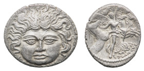L. Plautius Plancus - Denarius 47 BC - Mint: Rome - Obverse: Head of Medusa facing with dishevelled hair - Reverse: Victory facing, holding palm branc...