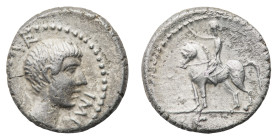 The Triumvirs. Octavianus - Denarius April-July 43 BC - Mint: travelling with Octavianus in Cisalpine Gaul - Obverse: Bare head right - Reverse: Eques...