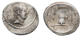 L. Livineius Regulus - Denarius 42 BC - Mint: Rome - Obverse: head of the praetor Livineius Regulus right - Reverse: Modius between two grain ears - g...