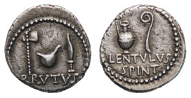 The Republicans. Brutus - Denarius early 42 BC - Mint: travelling with Brutus, probably at Smyrna - Obverse: Emblems of the pontificate: securius, sim...