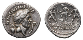 The Pompeians. Sextus Pompeius - Denarius 42-40 BC - Mint: uncertain in Sicily - Obverse: Head of Gn. Pompeius Magnus right; behind, jug and before, l...