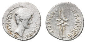 The Triumvirs. Octavianus - Denarius early 40 BC - Mint: travelling with Octavianus in Italy - Obverse: Bare head right, wearing slight beard - Revers...