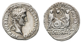 Augustus (27 BC-14 AD) - Denarius 2 BC-4 AD - Mint: Lugdunum - Obverse: Laureate head right - Reverse: Caius and Lucius Caesar standing facing, two sh...