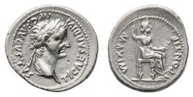 Tiberius (14-37 AD) - Denarius - Mint: Lugdunum - Obverse: Laureate head right - Reverse: Livia (as Pax) seated right on a chair with ornamented legs,...