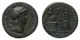 Nero (54-68 AD) - Sestertius 64 AD - Mint: Rome - Obverse: Laureate bust right, wearing aegis on left shoulder - Reverse: Nero seated right on platfor...