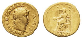 Nero (54-68 AD) - Aureus 65-66 AD - Mint: Rome - Obverse: Laureate head right - Reverse: Salus seated left on throne, holding patera and resting arm a...