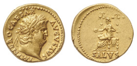 Nero (54-69 AD) - Aureus 66-67 AD - Mint: Rome - Obverse: Laureate head right - Reverse: Salus seated left on throne, holding patera and resting arm a...
