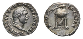 Vitellius (69 AD) - Denarius - Mint: Rome - Obverse: Laureate head right - Reverse: Tripod lebes with dolphin above and raven standing right below - g...