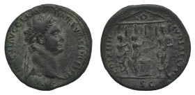 Domitian (81-96 AD) - As 88 BC - Mint: Rome - Obverse: Laureate head right - Reverse: Domitian sacrificing before temple with victimarius, musicians a...